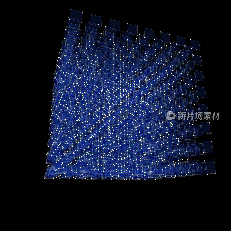 三维网格的蓝色发光点形成一个空间平面，由辐射线相交