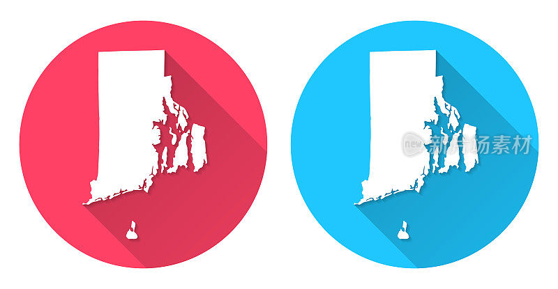 罗德岛地图。圆形图标与长阴影在红色或蓝色的背景