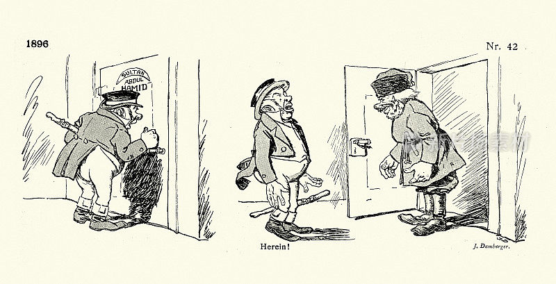 维多利亚时代的政治漫画,19世纪90年代,英国人约翰・牛敲了苏丹・阿卜杜勒・哈米德的门,却发现一个俄国人已经在那里了