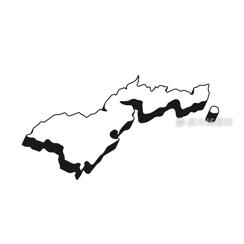 美属萨摩亚地图，黑色轮廓，白色背景上的阴影