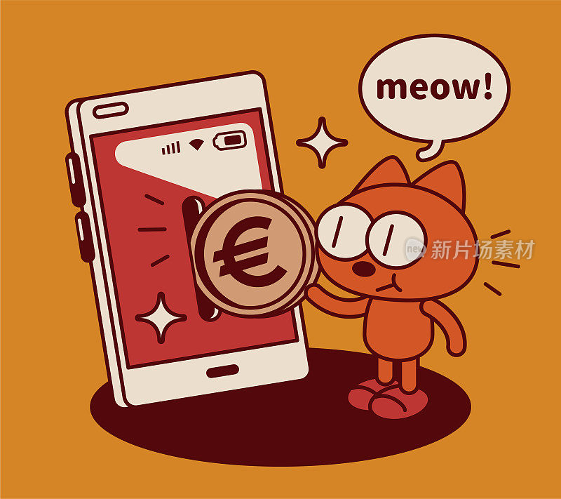 一只古怪可爱的小猫把钱放进了一个大智能手机里