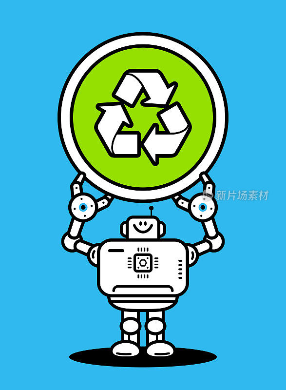 一个人工智能机器人举着一个巨大的回收标志