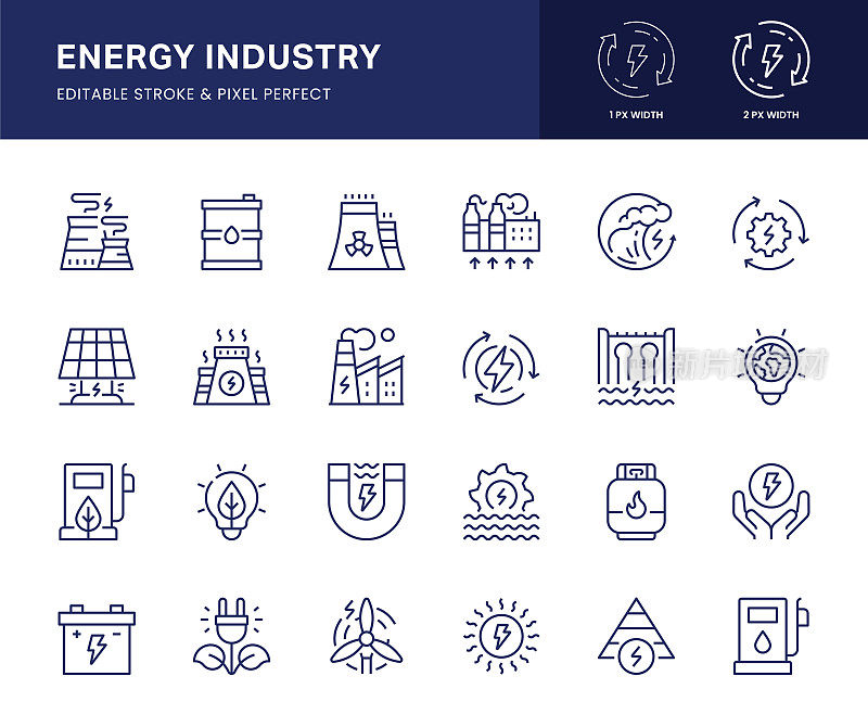 能源行业线图标。这个图标集包括地热能，生物质能，太阳能，天然气，核能等。