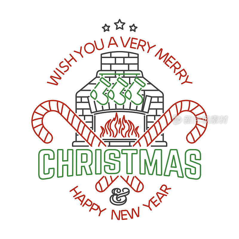 祝你圣诞快乐，新年快乐邮票，贴纸，壁炉补丁，圣诞袜子，圣诞糖果。矢量插图。圣诞线艺术设计，新年标志复古风格。