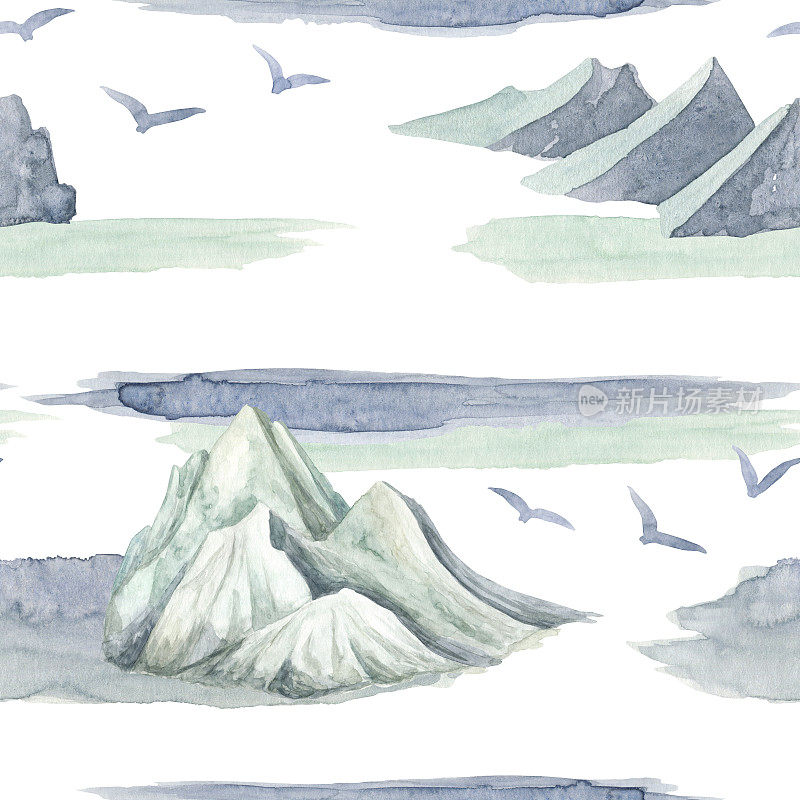 水彩冬季景观无缝格局。手绘的高冰冻的山与飞翔的鸟和飞溅的纹理隔离在白色背景上。雾天设计用于包装、包装、印刷。