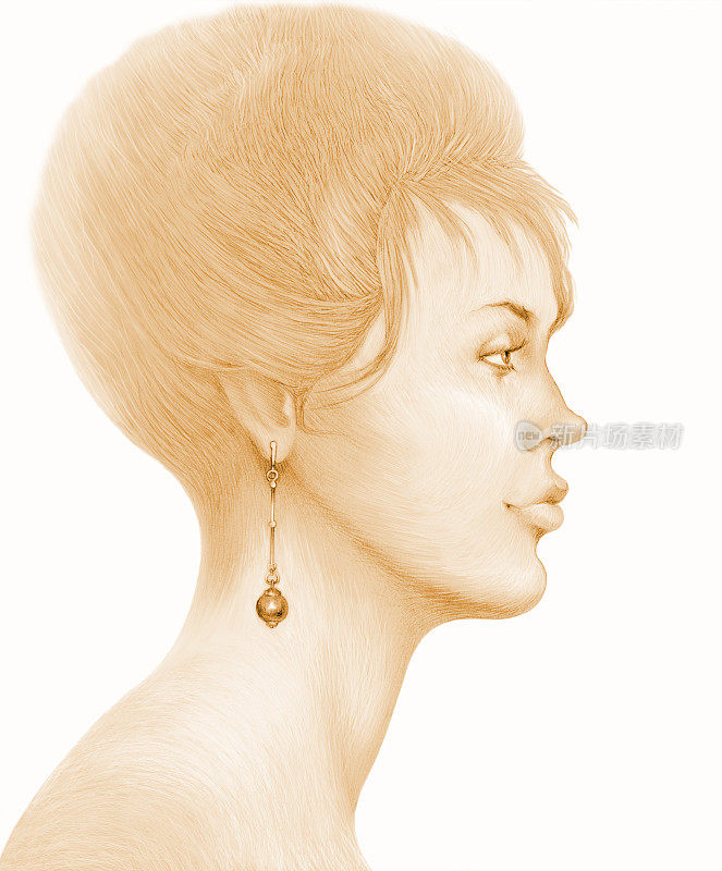 插图铅笔画肖像的一个年轻女子的长发平滑的发型珍珠耳环在深褐色
