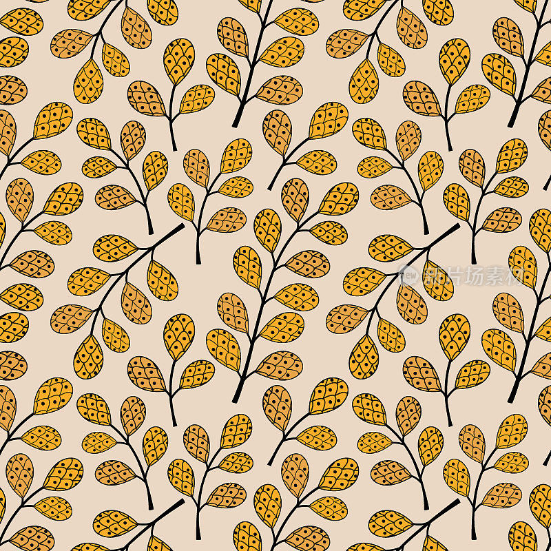矢量无缝叶片图案。有美丽装饰的树叶。明亮的无缝图案与美丽的叶子。秋天的插图。