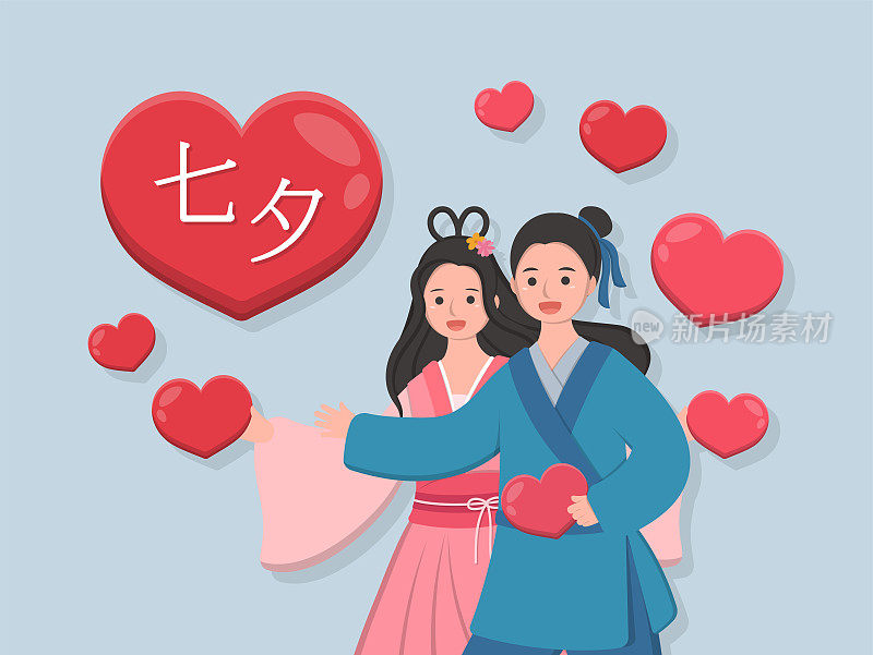亚洲、东方和中国的情人节:七夕、传说中的牛郎织女、卡通漫画矢量人物