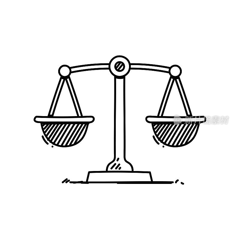 正义的天平线图标，草图设计，像素完美，可编辑的笔画。法律,。平衡
