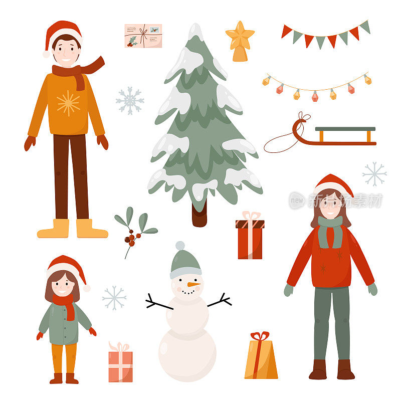 一套描绘圣诞人物的插图:爸爸，妈妈，女孩，雪人和圣诞树。设计贺卡，海报，包装纸，服装，网站