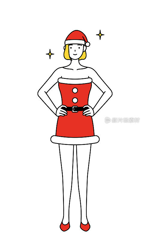 简单的线条插画，一个女人打扮成圣诞老人，她的手放在她的臀部。