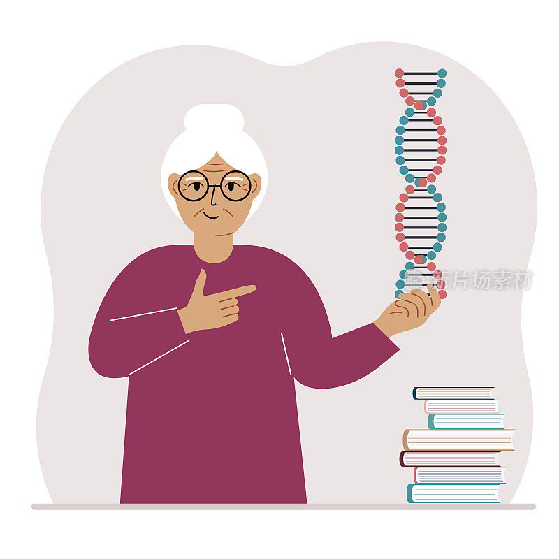 一个女人手里拿着一个DNA模型，旁边有很多书。