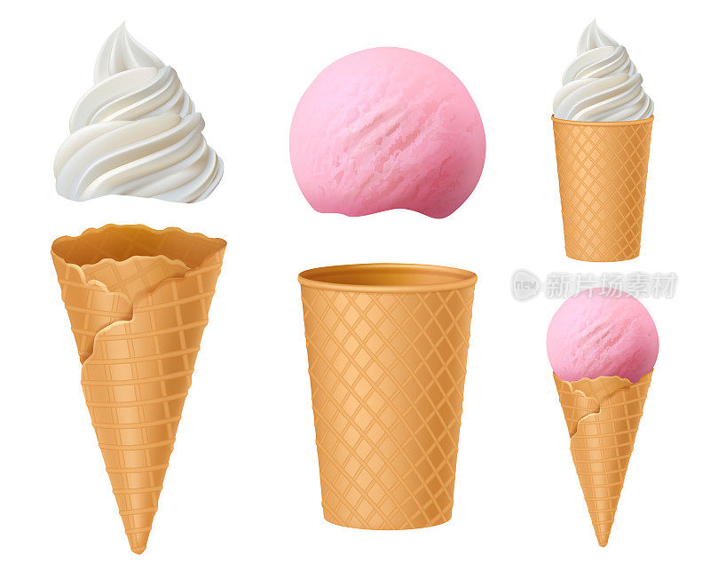 冰淇淋。自然甜点构造师冷冻牛奶或酸奶华夫饼几何概念体面矢量现实的冰淇淋图片