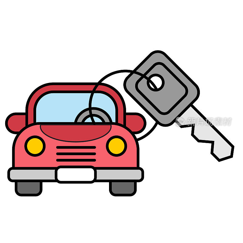 汽车和钥匙图标。彩色线条艺术卡通风格，透明背景上可编辑的矢量文件。新购车理念。