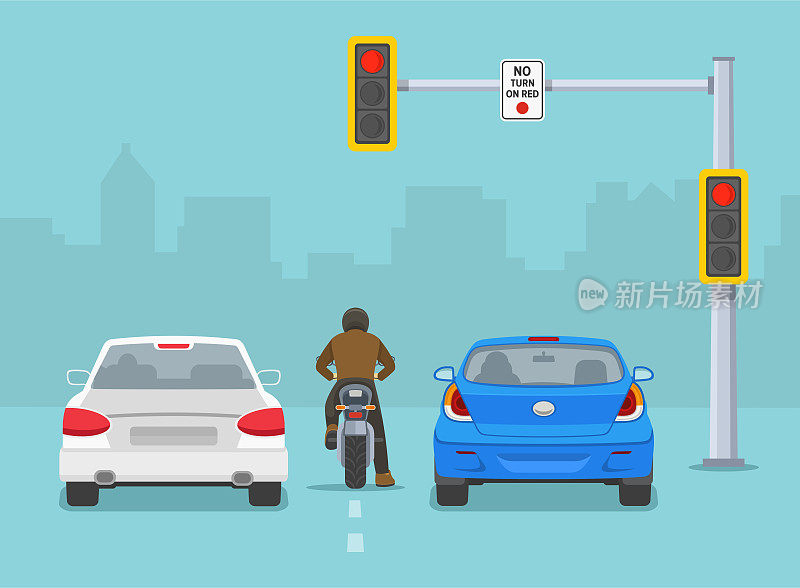 在汽车之间骑摩托车。车辆在红灯前停下。城市交通流量的后视图。