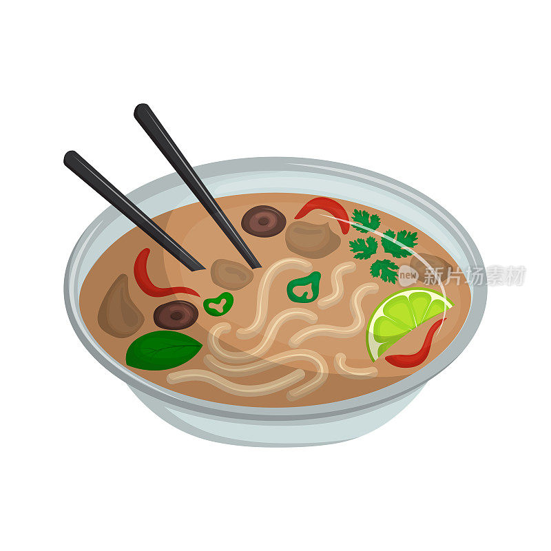 越南粉汤是一种用米粉、肉和蔬菜熬成的淡汤。亚洲传统美食。矢量插图。卡通。