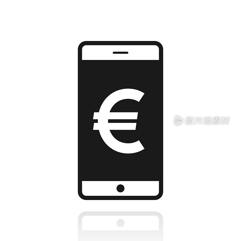 智能手机与欧元标志。白色背景上反射的图标