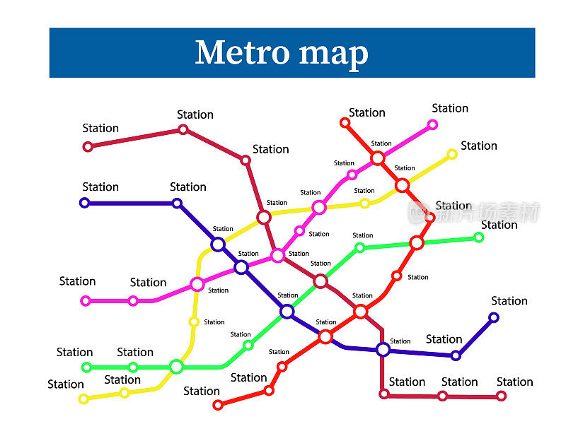 地铁地铁图模板。城市交通规划-地铁，火车或公共汽车公路网。抽象路线概念，车站孤立在白色背景上。