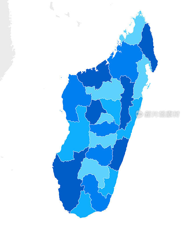 高度详细的马达加斯加蓝色地图与地区和国家边界