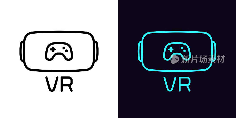 勾勒VR眼镜图标，具有可编辑的笔画。VR眼镜框带手柄标志，在虚拟现实中玩游戏。虚拟现实头盔、虚拟游戏世界和元世界的数字游戏商店。