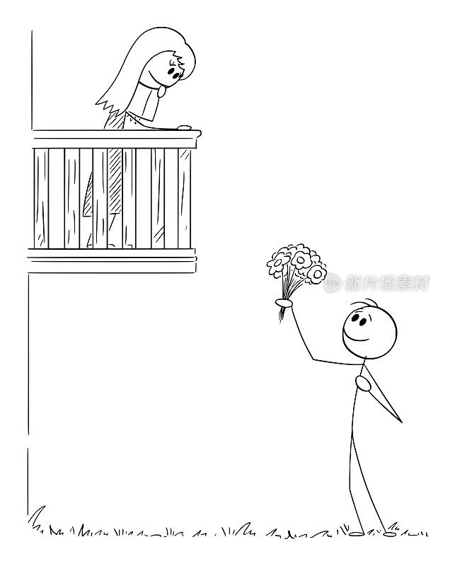 情人在阳台上向女孩表白，矢量卡通简笔画插图