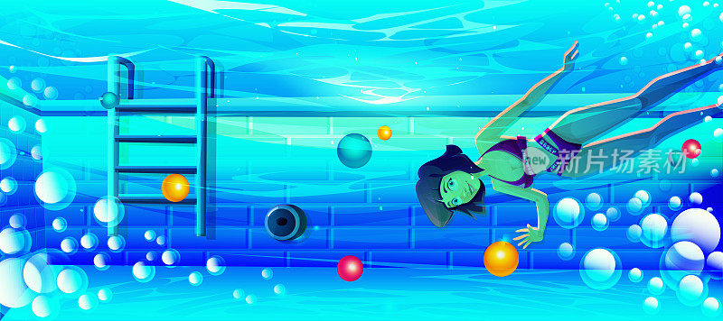 卡通风格的暑假概念。在一个阳光明媚的夏日，一个穿着泳装的小女孩在游泳池里玩充气球。