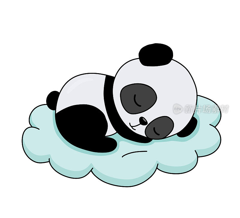可爱的熊猫宝宝在云端做梦。卡通手绘矢量插图。小动物