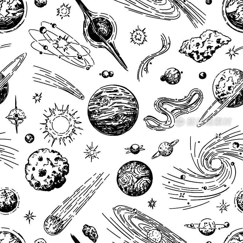宇宙空间无缝模式。行星，恒星，彗星，小行星，星系的抽象装饰。手绘矢量天文学插图。