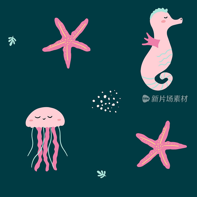 可爱的无缝模式上的海洋主题与水母，海星，和海马。