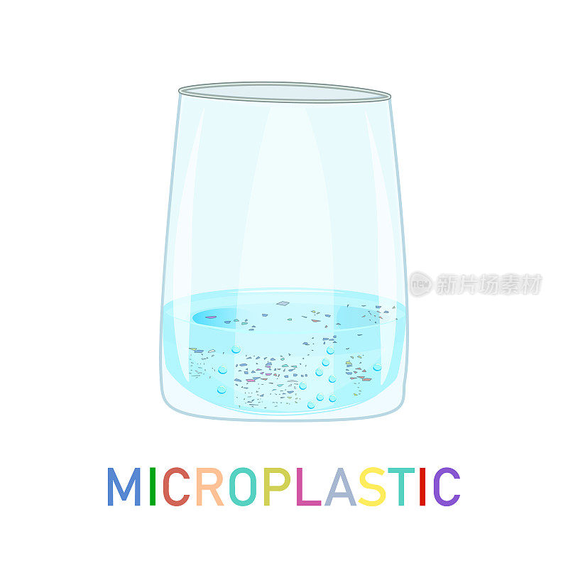 玻璃与水和微塑料隔离在白色背景。被微塑料污染的水。