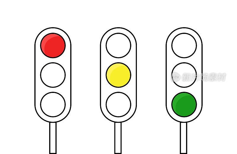 交通灯涂鸦平面插图与三个灯。道路方向标志五颜六色。