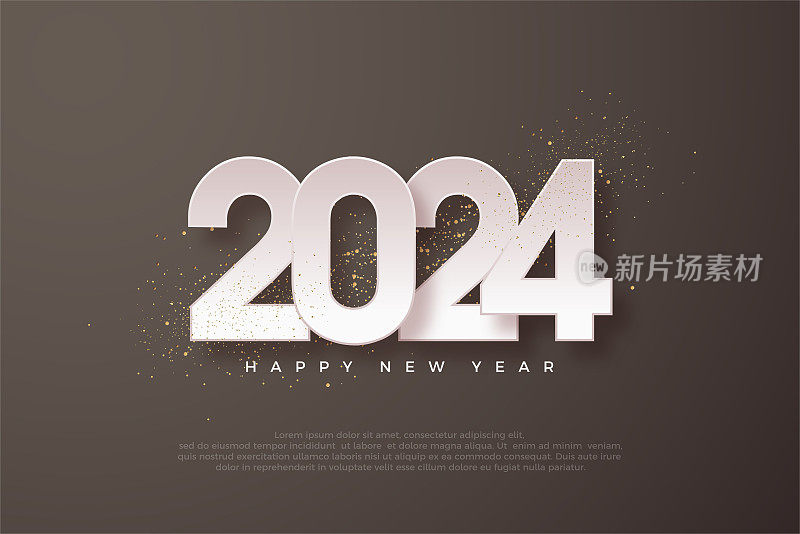 2024年新年设计。红色背景上的白纸数字。为问候和快乐的新年2024庆祝的高级矢量设计。
