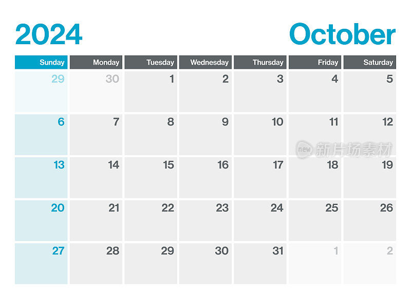 2024年10月-日历规划师。极简风格的景观水平日历2024年。向量模板。一周从周日开始