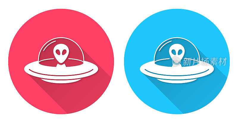 不明飞行物-飞碟与外星人。圆形图标与长阴影在红色或蓝色的背景