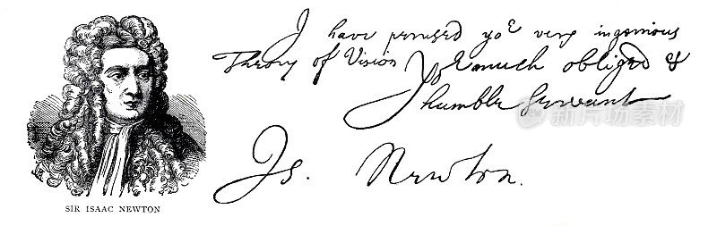艾萨克・牛顿爵士的肖像，手写文字和签名