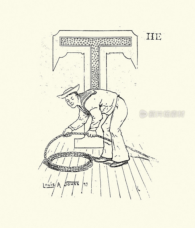 19世纪，维多利亚时代的水手在甲板上卷绳子，大写字母T