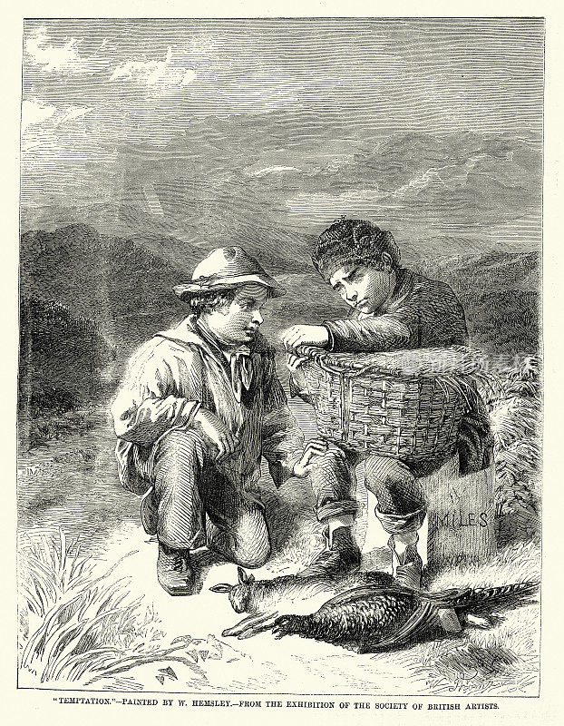《诱惑》，带着篮子和猎物的男孩，野鸡和野兔，19世纪50年代和19世纪