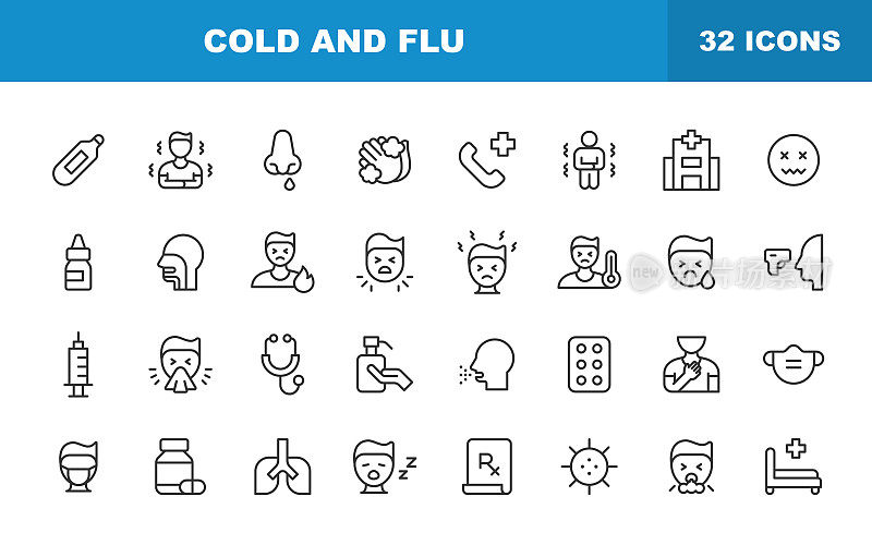 感冒和流感线图标。可编辑的中风。包含诸如冠状病毒，擤鼻涕，咳嗽，发烧，打喷嚏，温度计，药物，医院等图标。