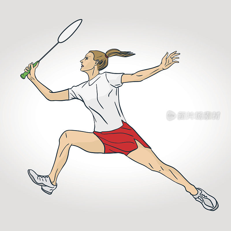职业女子羽毛球运动员。彩色手绘人物