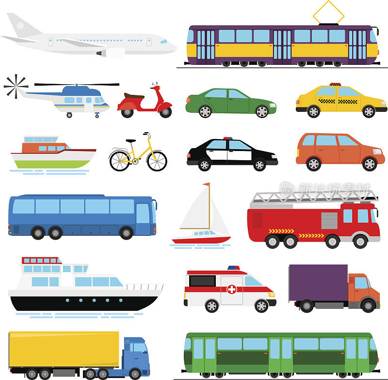 城市交通彩色矢量插图。城市交通运输