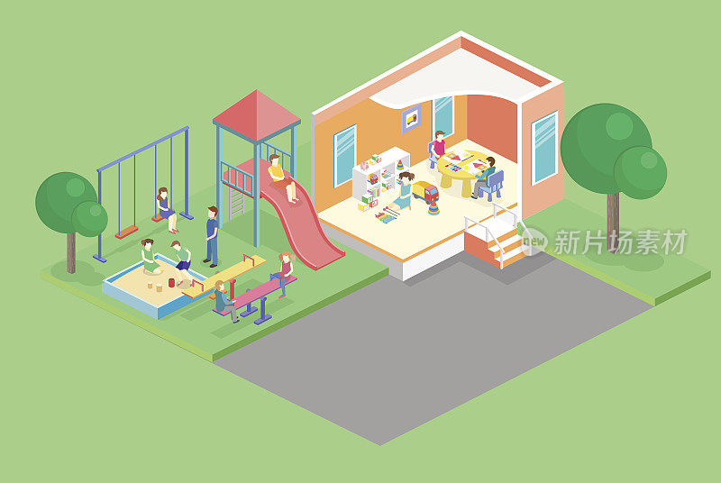 等距平面3D概念网络矢量儿童游乐场集。