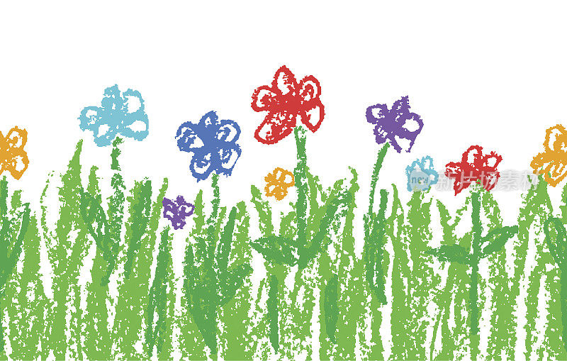 蜡笔像孩子的手画彩色的花朵与绿色的草在白色。