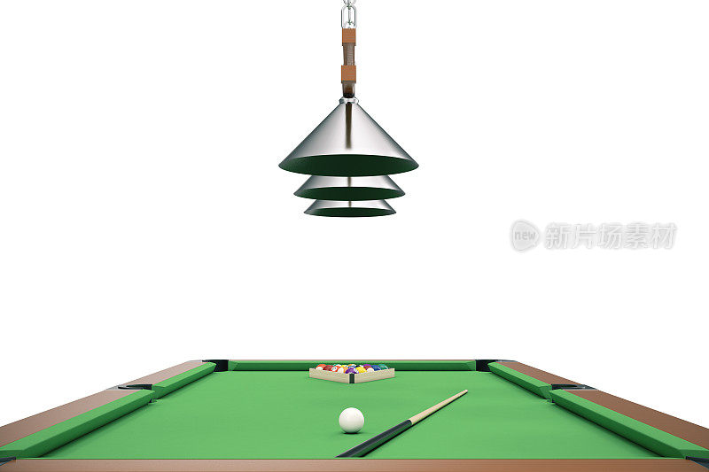 3D插图台球在绿色的桌子上与台球杆，斯诺克，台球游戏，台球概念