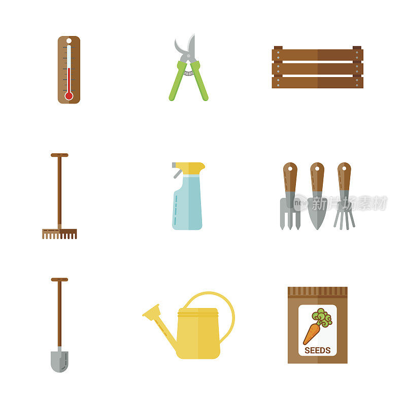 一套彩色平面图标的园艺工具。喷壶，温度计，种子包，prunen，铲子，耙子。