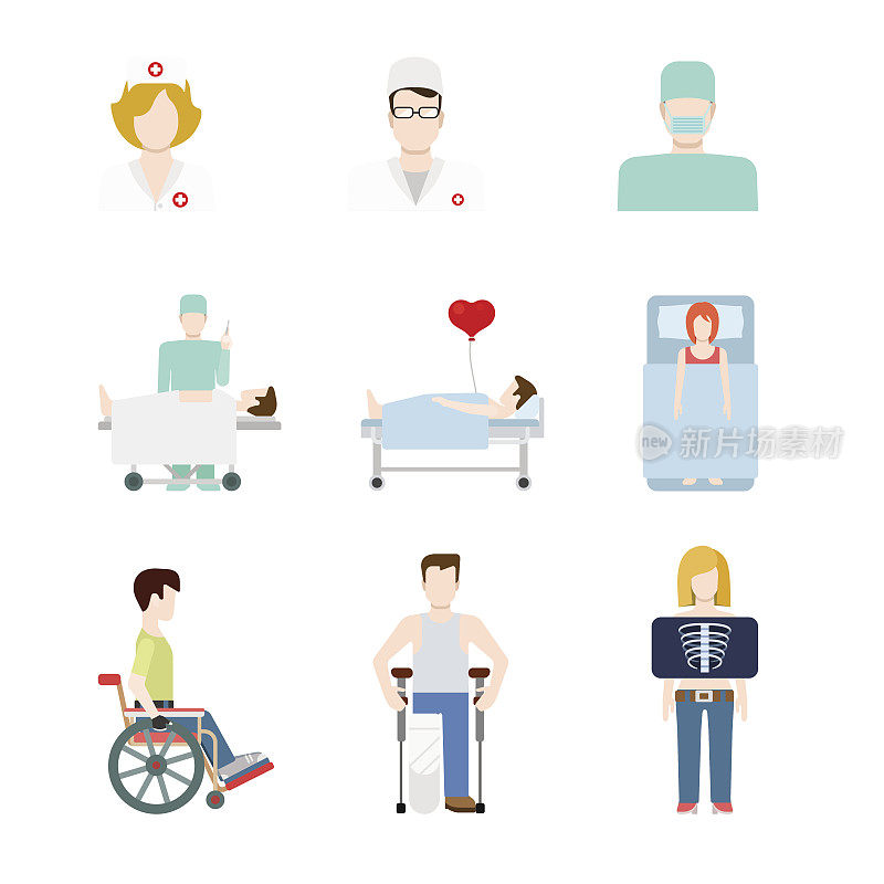 创意平面风格概念矢量人图标设置为医院病人医疗团队检查透视x光拐杖轮椅医生护士。有创造力的人集合。