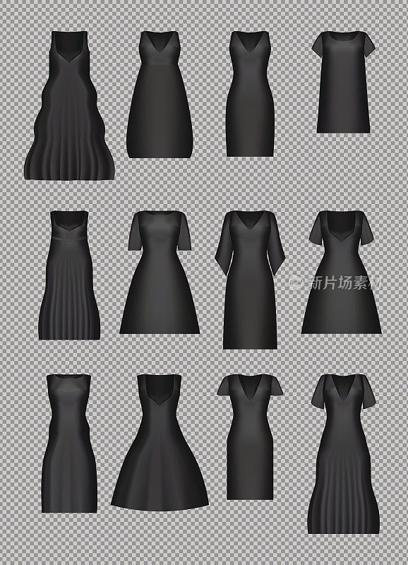 黑色小礼服。经典鸡尾酒晚会女士服装设置。矢量插图。渐变网格。