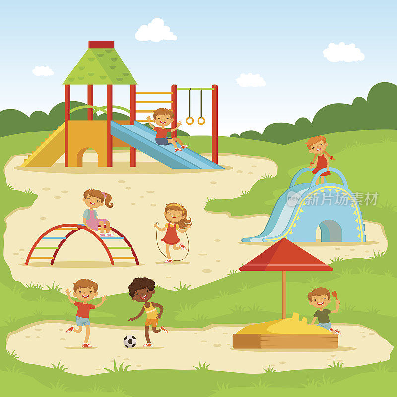 夏天操场上有趣的孩子们。孩子们在公园里玩耍。矢量图