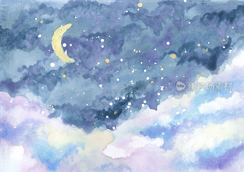 水彩画的夜空与新月之间的星星和云，手绘的风景插图