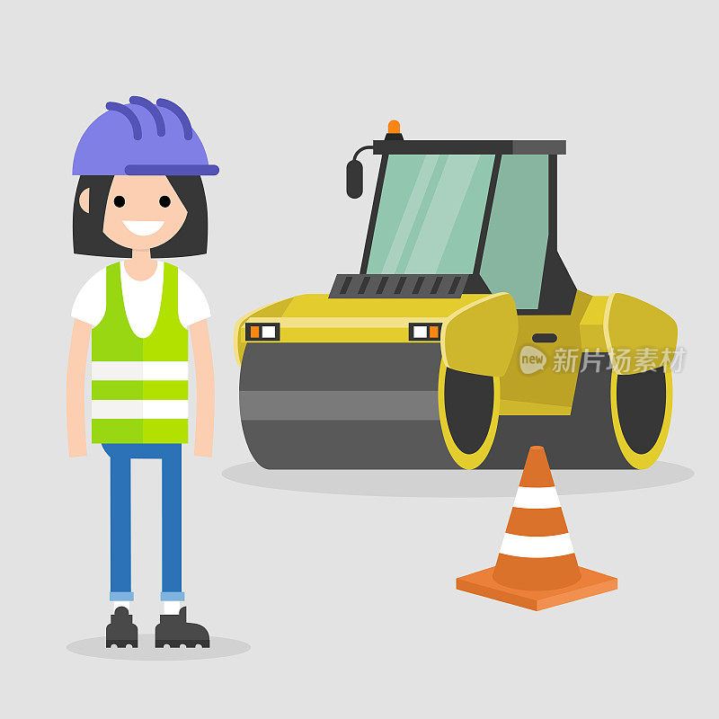 年轻的女工程师戴着安全帽和反光背心。沥青铺路。工业插图。黄色压路机和橙色圆锥。平面矢量插图，剪辑艺术。