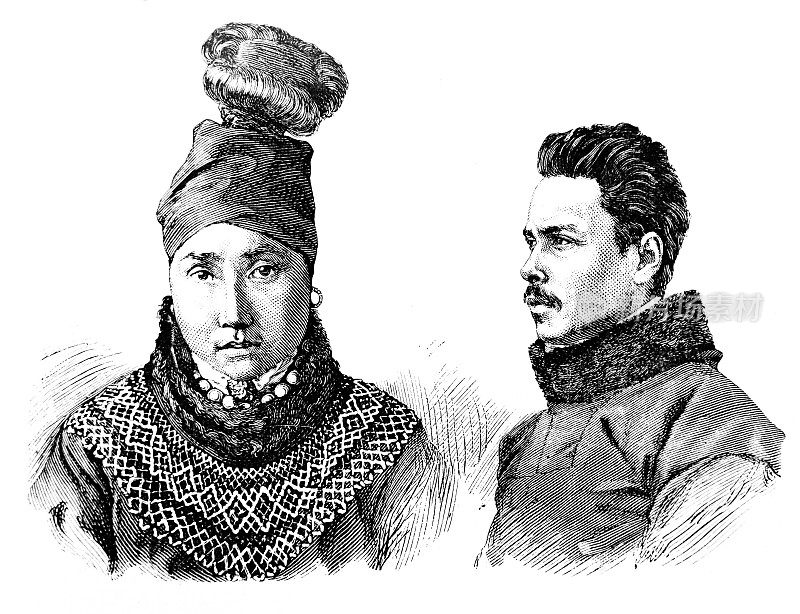 19世纪穿着传统服饰的爱斯基摩男女